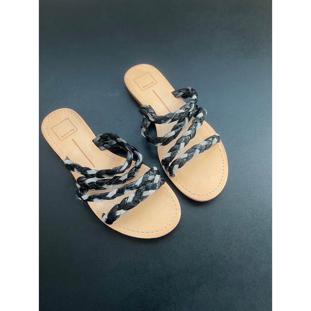 Dolce Vita Braided Multi Strap Slide Sandals Black Silver Metallic Flat Boho 8